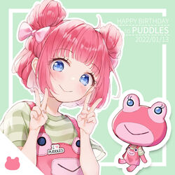  absurdres animal_crossing blue_eyes chilia012 double_bun female frog frog_girl green_hair hair_bun highres humanization medium_hair multiple_persona overalls pink_hair puddles_(animal_crossing) 