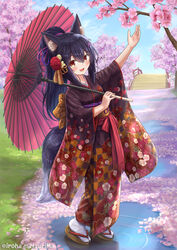  :d animal_ear_fluff animal_ears black_hair black_kimono blue_sky blush bridge brown_eyes brown_footwear cloud commentary_request day female floral_print flower full_body furisode hair_between_eyes hair_ornament hairclip highres holding holding_umbrella iroha_(iroha_matsurika) japanese_clothes kimono kunoichi-chan_(iroha_(iroha_matsurika)) long_hair looking_at_viewer oerba_yun_fang oil-paper_umbrella original outdoors pink_flower ponytail print_kimono red_umbrella ripples sandals sky smile socks solo tabi tail twitter_username umbrella very_long_hair water white_socks wolf_ears wolf_girl wolf_tail x_hair_ornament zouri 