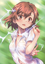  absurdres blush brown_eyes brown_hair coin electricity electrokinesis female hair_ornament hairpin highres holding holding_coin looking_at_viewer misaka_mikoto navel open_mouth paint.net_(medium) psychic raika9 scan school_uniform science_fiction see-through shirt short_hair solo spiked_hair summer_uniform sweater_vest toaru_kagaku_no_railgun toaru_majutsu_no_index tokiwadai_school_uniform wet wet_clothes wet_shirt 