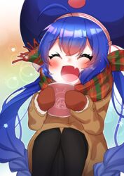  absurdres asteroid_stella black_pantyhose blue_hair blue_hat blush braid brown_coat character_print closed_eyes coat commentary cup female hat highres holding holding_cup large_hat long_hair mittens mug oerba_yun_fang open_mouth otomachi_una pantyhose plaid plaid_scarf red_mittens scarf sitting skin_fang smile snowflakes solo steam twin_braids twintails very_long_hair vocaloid 