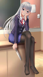  absurdres black_jacket black_pantyhose blazer blue_eyes blue_skirt blush chalkboard classroom commentary_request crossed_legs date_a_live female full_body grin hair_between_eyes hair_ornament hairclip hand_on_own_cheek hand_on_own_face highres holding holding_knife indoors jacket knife leaning_forward long_hair md5_mismatch no_shoes origamiknight pantyhose pleated_skirt raizen_high_school_uniform school_uniform shirt sitting sitting_on_table skirt smile solo tobiichi_origami very_long_hair white_hair white_shirt yandere 