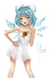  :d absurdres ahoge alternate_costume bare_shoulders blue_eyes blue_hair blush bow character_name cirno collarbone copyright_name detached_wings dress feet_out_of_frame female flat_chest flower hairbow hand_on_own_hip highres ice ice_wings leaning_forward looking_at_viewer oerba_yun_fang open_mouth see-through short_dress simple_background skin_fang smile solo sundress sunflower touhou v white_background white_bow white_dress wings wwparasi yellow_flower 