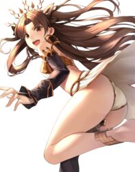  absurdres anklet armlet ass asymmetrical_legwear asymmetrical_sleeves bangs bare_shoulders blush breasts bridal_gauntlets brown_eyes brown_hair crown earrings elbow_gloves fate/grand_order fate_(series) female gloves hair_ribbon highres hoop_earrings ishtar_(fate)_(all) ishtar_(fate/grand_order) jewelry leg_up long_hair looking_at_viewer medium_breasts parted_bangs pelvic_curtain ribbon simple_background single_elbow_glove single_thighhigh smile solo star741 thighhighs two_side_up white_background 