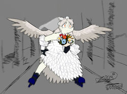  2023 amber_eyes anthro artist_name bent_over cavemanon_studios clothing dated digital_drawing_(artwork) digital_media_(artwork) dinosaur dress extinct eyelashes fang_(gvh) feathered_wings feathers female fingerless_gloves fingers flower gloves goodbye_volcano_high grey_background grey_body grey_scales hair handwear hi_res inline_skates leaning leaning_forward long_hair plant prehistoric_species pterodactylus pterosaur reptile roller_skates scales scalie signature silver_hair simple_background smile snoot_game snout solo wedding_dress wings zoom_paka 