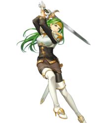  armor belt boots breastplate closed_mouth female fire_emblem fire_emblem:_the_sacred_stones fire_emblem_heroes full_body gloves gold_trim green_eyes green_hair headband high_heels highres holding holding_sword holding_weapon long_hair long_sleeves looking_away miniskirt non-web_source official_art pantyhose pavilionushima serious sheath shoulder_armor shoulder_pads skirt solo sword syrene_(fire_emblem) thigh_boots transparent_background turtleneck weapon 