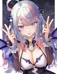  ahoge black_dress breasts cleavage closed_mouth detached_sleeves double_v dress facial_mark female gradient_hair halterneck hands_up highres horns indie_virtual_youtuber large_breasts lf_(paro) long_hair long_sleeves looking_at_viewer multicolored_hair neck_ribbon purple_eyes ribbon sleeveless sleeveless_dress smile solo spaghetti_strap star-shaped_pupils star_(symbol) symbol-shaped_pupils tongue tongue_out two-tone_hair upper_body v v-shaped_eyebrows virtual_youtuber white_hair wings yumemi_runo 