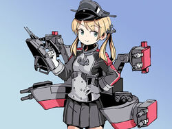  adapted_turret alternate_breast_size anchor_hair_ornament aqua_eyes black_skirt blonde_hair blue_background breasts cannon commentary cowboy_shot english_commentary female gloves gradient_background hair_ornament hat kantai_collection long_hair low_twintails machinery microskirt military military_hat military_uniform mixed-language_commentary one-hour_drawing_challenge peaked_cap pleated_skirt prinz_eugen_(kancolle) sixten skirt small_breasts smile solo turret twintails uniform white_gloves 