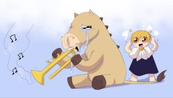  16:9 ambiguous_gender anthro bodily_fluids brass_instrument clothed clothing crying drawfee duo equid equine hi_res hooves horse human karina_farek mammal musical_instrument musical_note playing_music ponygon tail tail_tuft tears trumpet tuft widescreen wind_instrument zatch_bell zatch_bell! 