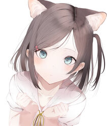  absurdres animal_ear_fluff animal_ears bad_id bad_pixiv_id blue_eyes blush brown_hair cat_ears collarbone commentary_request expressionless extra_ears female hands_up heart heart-shaped_pupils hentai_ouji_to_warawanai_neko. highres hito_komoru_(style) kisaragi_yaya long_hair looking_at_viewer one_side_up parted_bangs parted_lips puffy_short_sleeves puffy_sleeves shirt short_sleeves simple_background solo symbol-shaped_pupils tsutsukakushi_tsukiko white_background white_shirt 