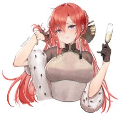  arm_up azur_lane black_gloves braid breasts champagne_flute china_dress chinese_clothes cropped_torso crown_braid cup dress drinking_glass feather_boa female gloves gold_trim hair_fan half_gloves hand_in_own_hair hands_up highres holding holding_cup impossible_clothes impossible_dress large_breasts looking_at_viewer monarch_(azur_lane) monarch_(black_gerard)_(azur_lane) mungersky official_alternate_costume parted_lips purple_eyes red_hair simple_background solo upper_body white_background 