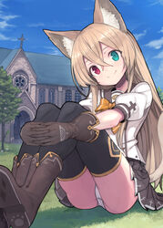  absurdres animal_ears aqua_eyes black_skirt black_thighhighs boots bow bowtie brown_footwear brown_gloves cat_ears cat_girl cat_tail church closed_mouth day female gloves grass hair_between_eyes happy head_tilt heterochromia highres hugging_own_legs izayoi_cha looking_at_viewer miniskirt on_grass on_ground original outdoors panties pleated_skirt puffy_short_sleeves puffy_sleeves red_eyes shirt shoe_soles short_sleeves sitting skirt smile tail thighhighs underwear white_panties white_shirt yellow_bow yellow_bowtie zettai_ryouiki 