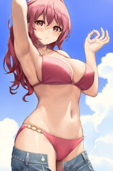  absurdres arm_behind_head arm_up armpits bare_shoulders bikini blue_sky blush breasts cleavage collarbone female hair_tie hair_undone highres large_breasts long_hair looking_at_viewer navel o-ring o-ring_bikini original pink_bikini pink_eyes pink_hair sawada_yuusuke sky solo swimsuit 