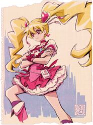  artist_logo blonde_hair boots choker commentary_request crossed_arms cure_peach dress earrings eyelashes female fresh_precure! frilled_dress frills graph_paper hair_ornament heart heart_earrings jewelry kamikita_futago knee_boots kneehighs long_hair magical_girl momozono_love official_art paper_background pink_choker pink_dress pink_eyes pink_footwear pink_wrist_cuffs precure puffy_short_sleeves puffy_sleeves serious short_sleeves signature socks solo stamp_mark standing torn_paper twintails watercolor_background wrist_cuffs 