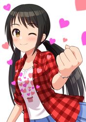  black_hair blue_skirt blush checkered_clothes checkered_shirt clenched_hand commentary_request female heart highres idolmaster idolmaster_cinderella_girls jewelry long_hair looking_at_viewer nakano_yuka one_eye_closed print_shirt red_shirt shirt skirt sleeves_rolled_up smile solo t-shirt twintails upper_body wgm_oekaki white_background yellow_eyes 