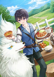  1boy :d animal black_hair black_pants blue_sky blue_vest bowl character_request cherry_tomato chicken_(food) cloud collared_shirt commentary_request cup day fence food fried_chicken hair_between_eyes higeneko highres holding holding_bowl holding_tray lettuce long_sleeves male_focus mori_ni_ikiru_mono mountain mug novel_illustration official_art outdoors pants purple_eyes shirt sky smile solo soup standing table tomato tray tree_stump vegetable vest white_shirt 