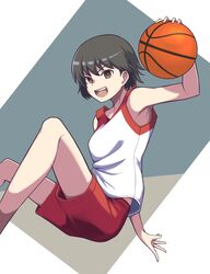  alternate_costume ball basketball basketball_(object) basketball_uniform brown_eyes brown_hair commentary female girls_und_panzer highres holding holding_ball isobe_noriko looking_at_viewer open_mouth protected_link red_shorts shirt short_hair shorts smile solo sportswear white_shirt yougata 