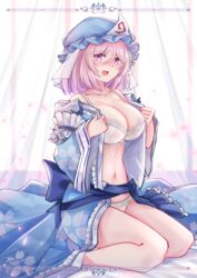  :d bra breasts cleavage commentary_request female hat highres large_breasts lingerie looking_at_viewer navel open_mouth panties pink_eyes pink_hair saigyouji_yuyuko sarasadou_dan short_hair sitting smile solo touhou triangular_headpiece underwear white_bra white_panties 