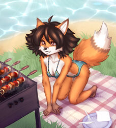  anthro astra_maple bikini canid canine clothing elronya female food fox hair kebab mammal outside shashlik shish_kebab solo swimwear 