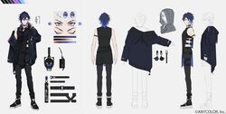  1boy androgynous belt black_belt black_choker black_eyeshadow black_footwear black_pants black_shirt blue_eyes blue_hair blue_hoodie boots choker clothing_cutout dj eyeshadow grey_background headphones headphones_around_neck hood hoodie looking_at_viewer makeup male_focus multiple_views nijisanji nijisanji_en off_shoulder official_art pants protected_link reference_sheet second-party_source shirt short_hair sleeveless sleeveless_shirt smile standing stomach_cutout takerunamito v-shaped_eyebrows virtual_youtuber yugo_asuma zipper zipper_pull_tab 