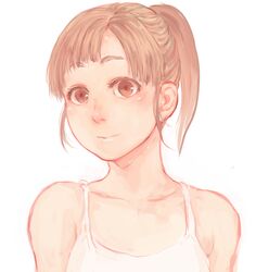  bare_shoulders brown_eyes brown_hair camisole closed_mouth female looking_at_viewer original ponytail shu-mai simple_background smile solo upper_body white_background 