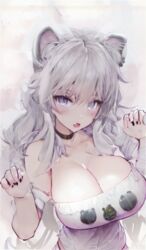  :d ai-generated animal_ears bare_shoulders black_choker black_nails blush breasts choker cleavage collarbone female grey_hair hololive large_breasts lion_ears long_hair looking_at_viewer nail_polish oerba_yun_fang official_alternate_costume official_alternate_hairstyle open_mouth paw_pose purple_eyes shirt shishiro_botan shishiro_botan_(casual) skin_fang smile solo tranquillianusmajor upper_body virtual_youtuber white_shirt 