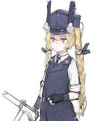  black_gloves blonde_hair blue_hat blue_necktie blue_vest braid buttons closed_mouth collared_shirt commentary cowboy_shot female fingerless_gloves girls&#039;_frontline gloves gun hair_ribbon hat highres holding holding_weapon long_hair necktie pink_eyes rampart1028 ribbon shirt simple_background solo sr-3mp sr-3mp_(girls&#039;_frontline) submachine_gun twin_braids twintails vest weapon white_background white_shirt 