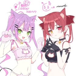  2girls animal_ears bangs banned_artist bell bell_choker bell_collar black_bra blush bra breasts cat_cutout cat_ear_panties cat_ears cat_lingerie choker cleavage_cutout collaboration collar demon_tail frilled_bra frills green_eyes hair_ornament hairclip heterochromia highres hololive houshou_marine houshou_marine_(artist) jingle_bell lingerie long_hair looking_at_viewer meme_attire multiple_girls open_mouth panties purple_hair red_eyes red_hair rurudo simple_background smile tail tokoyami_towa twintails underwear underwear_only virtual_youtuber yellow_eyes 