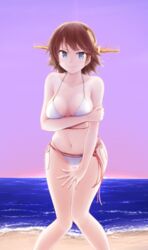  alternate_costume bikini blue_eyes breasts brown_hair female flipped_hair hairband halterneck headgear hiei_(kancolle) hiei_kai_ni_(kancolle) highres kantai_collection medium_breasts meihemu navel short_hair side-tie_bikini_bottom solo string_bikini swimsuit white_bikini 