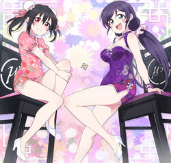  2girls absurdres bead_bracelet beads black_hair blush bracelet breasts china_dress chinese_clothes cleavage cleavage_cutout clothing_cutout commentary_request double_bun dress floral_background floral_print green_eyes hair_bun high_heels highres hugging_own_legs jewelry large_breasts looking_at_viewer love_live! love_live!_school_idol_festival love_live!_school_idol_project low_twintails multiple_girls on_chair open_mouth purple_hair red_eyes side_slit signature sitting smile teeth tojo_nozomi twintails upper_teeth_only white_footwear yazawa_nico zero-theme 