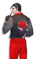  1boy ass beryl_gut black_gloves black_hair bouquet commentary_request facial_hair fate/grand_order fate_(series) finger_to_mouth flower from_behind glasses gloves hair_slicked_back male_focus open_mouth pants pointy_ears rose shiratori_yokikana shirt shushing smile solo stubble waistcoat 