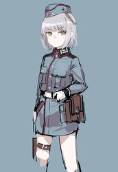  belt belt_pouch blue_background blue_jacket blue_skirt buttons closed_mouth commentary cowboy_shot cropped_legs female garrison_cap girls&#039;_frontline grey_hair hand_on_own_hip hat highres jacket looking_at_viewer military military_uniform miniskirt p08_(girls&#039;_frontline) pouch rampart1028 short_hair simple_background skirt solo thigh_strap uniform yellow_eyes 