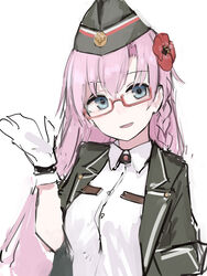  blue_eyes braid collared_shirt commentary female flower fnp-9_(girls&#039;_frontline) garrison_cap girls&#039;_frontline glasses gloves green_hat green_jacket hair_flower hair_ornament hat highres jacket long_hair looking_at_viewer open_clothes open_jacket open_mouth pink_hair rampart1028 red-framed_eyewear semi-rimless_eyewear shirt simple_background smile solo under-rim_eyewear upper_body white_background white_gloves white_shirt 