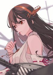  bare_shoulders black_hair blood blood_from_mouth commentary_request detached_sleeves female hair_ornament hairclip haruna_(kancolle) headgear highres ichiroku_(sakumogu-029) kantai_collection long_hair machinery nontraditional_miko red_eyes rigging solo very_long_hair white_background 