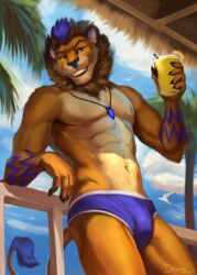  2023 alcohol anthro athletic athletic_anthro athletic_male beach beverage briefs clothed clothing cocktail cocktail_glass container cup detailed_background dexterlion digital_drawing_(artwork) digital_media_(artwork) dimonis drinking_glass felid fur glass glass_container glass_cup hair hi_res jewelry leaning lion looking_at_viewer male mammal muscular muscular_anthro muscular_male navel palm_tree pantherine pendant plant purple_ears purple_hair purple_tail seaside shaded signature sky smile solo swimwear tail teeth topless topless_anthro topless_male tree underwear water watermark yellow_eyes 