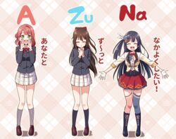  3girls acrostic afterschool_school_idol_(love_live!) azuna_(love_live!) black_jacket blazer blush buttons collared_shirt commentary deadnooodles dress_shirt grey_skirt jacket long_sleeves looking_at_viewer love_live! love_live!_nijigasaki_high_school_idol_club miniskirt multiple_girls neck_ribbon nijigasaki_school_uniform osaka_shizuku plaid plaid_skirt pleated_skirt ribbon school_uniform shirt skirt smile symbol-only_commentary translated uehara_ayumu white_shirt white_skirt winter_uniform yuki_setsuna_(love_live!) 