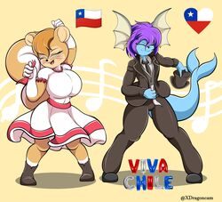  absurd_res anthro big_breasts blue_body bottomwear breasts brown_body chile chilean chilean_flag clothing dancing dress duo eeveelution female fiestas_patrias_(chile) generation_1_pokemon hair happy hi_res kyu_(vaporeon) male male/female mammal nintendo pachy_squirrel pokemon pokemon_(species) purple_hair rodent rule_63 sciurid skirt tail tree_squirrel vaporeon xdragoncam 