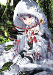  absurdres alternate_costume black_gloves dragon_girl dragon_horns fate/grand_order fate_(series) female gloves grey_hair highres hood hood_up horns japanese_clothes kimono kiyohime_(fate) kiyohime_(third_ascension)_(fate) long_hair multiple_horns outdoors partially_fingerless_gloves red_eyes sitting solo thighhighs totororo wariza white_gloves white_thighhighs wide_sleeves 