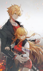  1boy absurdres arthur_pendragon_(fate) black_coat blonde_hair coat earrings fate/grand_order fate_(series) female fur-trimmed_jacket fur-trimmed_sleeves fur_trim genderswap_(mtf) gilgamesh_(fate) green_eyes hair_between_eyes highres jacket jewelry k7_(kk7_000) long_hair long_sleeves midriff necklace open_clothes open_coat open_jacket open_mouth parted_lips red_eyes rule_63 short_hair shorts smile 