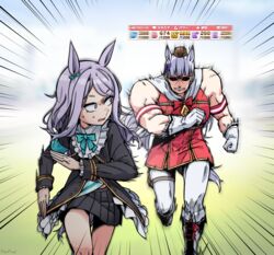  2girls absurdres alternate_muscle_size animal_ears armband black_sclera black_skirt boots bow coat colored_sclera commentary dress frilled_coat frills gameplay_mechanics gloves gold_ship_(umamusume) hairbow highres horse_ears horse_girl horse_tail knee_boots korea korean_commentary light_purple_hair long_hair mejiro_mcqueen_(umamusume) motion_blur motion_lines multiple_girls muscular muscular_female neonfloyd pantyhose parody pillbox_hat pleated_skirt purple_bow purple_eyes red_dress red_eyes running skirt sleeveless sleeveless_dress tail thigh_strap umamusume white_gloves white_hair white_legwear 