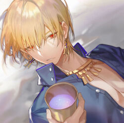  1boy blonde_hair blue_shirt collared_shirt cup earrings fate/grand_order fate_(series) gilgamesh_(caster)_(fate) gilgamesh_(establishment)_(fate) gilgamesh_(fate) holding holding_cup jewelry k7_(kk7_000) looking_at_viewer male_focus necklace on_ground open_clothes open_shirt parted_lips red_eyes shirt short_hair solo 