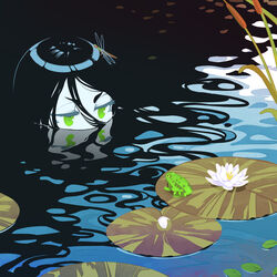  black_hair bug dragonfly english_commentary eye_contact female flower frog frown green_eyes half-closed_eyes halphelt highres insect_on_head lily_pad long_hair looking_at_another lotus original partially_submerged reeds solo very_long_hair water 