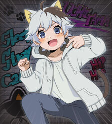  1boy absurdres animal_ears blush brick_wall brown_hair cat_boy cat_ears cat_tail english_text extra_ears graffiti highres looking_at_viewer male_focus motion_lines multicolored_hair oginy okamoto_tama open_mouth smile solo tail tama_&amp;_friends tama_(t&amp;f) two-tone_hair uchitama?! white_hair 