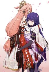  2girls blush braid breasts bridal_gauntlets closed_eyes closed_mouth detached_sleeves floral_print genshin_impact hair_ornament japanese_clothes kimono large_breasts long_hair long_sleeves low-braided_long_hair low-tied_long_hair multiple_girls nail_polish nontraditional_miko oiun petals purple_eyes purple_hair purple_kimono purple_legwear purple_nails raiden_shogun smile thighhighs white_background wide_sleeves yae_miko yuri 