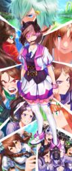  6+girls absurdres animal_ears bad_id bad_pixiv_id blush commentary_request el_condor_pasa_(umamusume) full_body glowing glowing_eye glowing_eyes gold_ship_(umamusume) golden_generation_(umamusume) grass_wonder_(umamusume) hair_between_eyes headband highres horse_ears horse_girl horse_tail king_halo_(umamusume) long_hair looking_at_viewer mask medium_hair mejiro_bright_(umamusume) mejiro_mcqueen_(umamusume) mejiro_ryan_(umamusume) multiple_girls narita_brian_(umamusume) open_mouth racetrack rice_shower_(umamusume) school_uniform seiun_sky_(umamusume) silence_suzuka_(umamusume) special_week_(umamusume) sweatdrop tail tamayume teeth tracen_school_uniform tsurumaru_tsuyoshi_(umamusume) umamusume winning_ticket_(umamusume) 