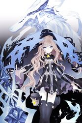  angry bad_id bad_pixiv_id black_dress black_legwear blonde_hair blue_eyes blunt_bangs closed_mouth corruption dim00 dress female frown highres holding holding_weapon lock long_hair looking_at_viewer red_riding_hood_(sinoalice) sinoalice spirit thighhighs wavy_hair weapon wolf zettai_ryouiki 