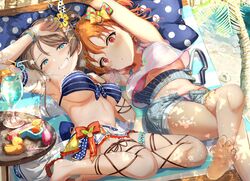  2girls a_chika-tastic_summer ahoge barefoot bikini blue_eyes bow breasts brown_hair cleavage commentary cross-laced_clothes cross-laced_legwear feet foot_out_of_frame grin highres legs looking_at_viewer love_live! love_live!_school_idol_festival_all_stars love_live!_sunshine!! multiple_girls official_alternate_costume ponnu_(nikeytina) short_hair smile soles swimsuit takami_chika toes underboob watanabe_you 