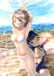  2girls beach bikini blue_eyes breasts brown_hair cleavage highres looking_at_viewer love_live! love_live!_sunshine!! multiple_girls ocean ponnu_(nikeytina) short_hair smile swimsuit tsushima_yoshiko watanabe_you 