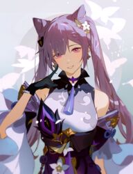  :d choker commentary detached_sleeves female genshin_impact hair_between_eyes hair_ornament index_finger_raised keqing_(genshin_impact) long_hair looking_at_viewer open_mouth pointing pointing_at_self purple_eyes purple_hair purple_theme sidelocks simple_background smile solo twintails wide_sleeves yueko_(jiayue_wu) 