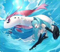  black_gloves cloud commentary crossover day elbow_gloves female gloves green_eyes green_hair hatsune_miku highres light_rays long_hair milotic open_mouth outdoors pokemon pokemon_(creature) reirou_(chokoonnpu) shiny sky smile sparkle sun symbol-only_commentary teeth tongue twintails vocaloid water water_drop 