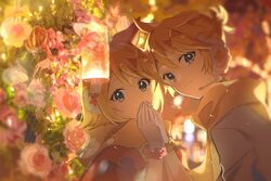  1boy blonde_hair blue_eyes bow capelet commentary female flower gloves hair_ornament hairbow hairclip headphones highres holding_hands jacket kagamine_len kagamine_rin lantern light_particles looking_at_viewer magical_mirai_(vocaloid) magical_mirai_len magical_mirai_len_(2020_winter) magical_mirai_rin magical_mirai_rin_(2020_winter) omutatsu orange_bow orange_capelet scarf scrunchie short_hair short_ponytail smile spiked_hair two-tone_bow upper_body vocaloid white_bow white_gloves white_jacket wrist_scrunchie yellow_scarf 